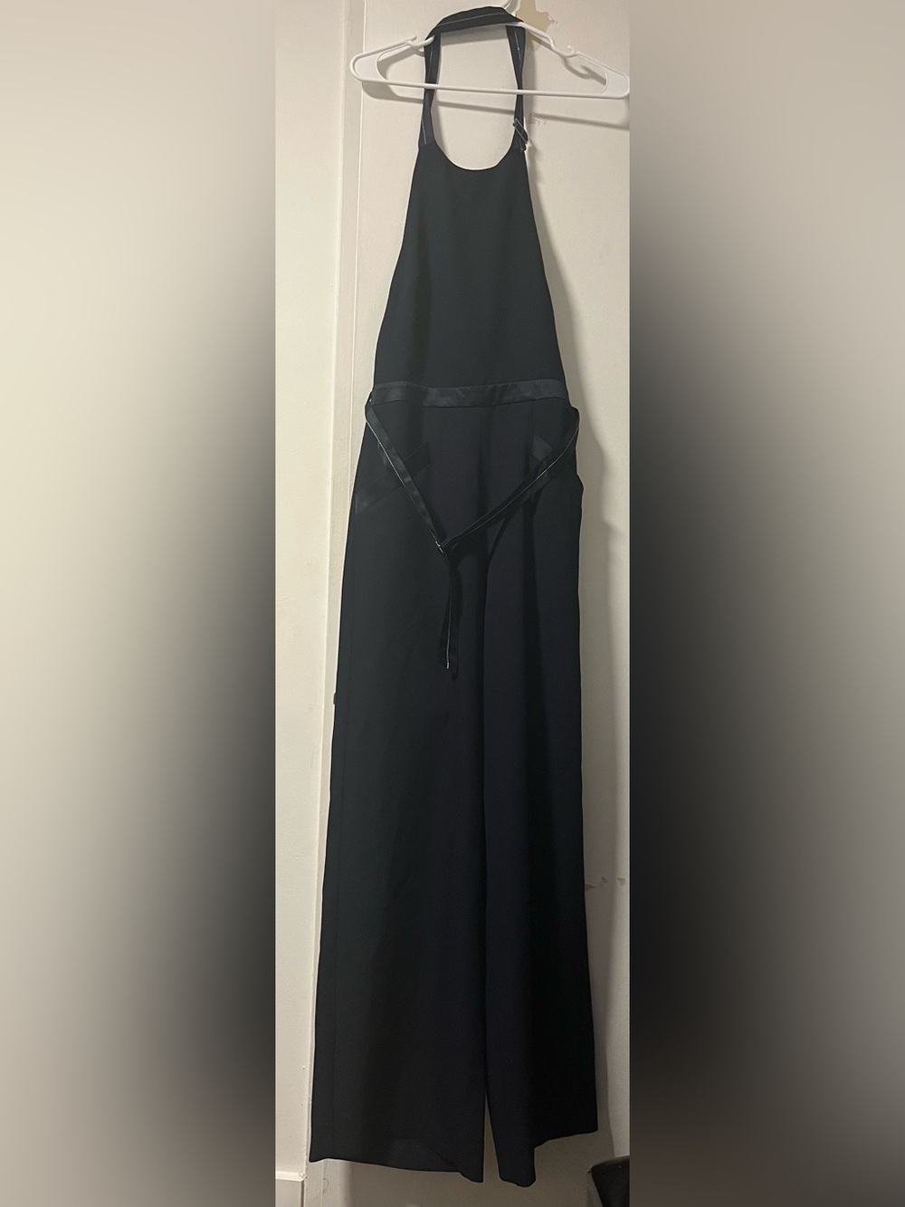 Topshop Black Halter Apron-Style Wide Leg Jumpsuit with Satin Trim